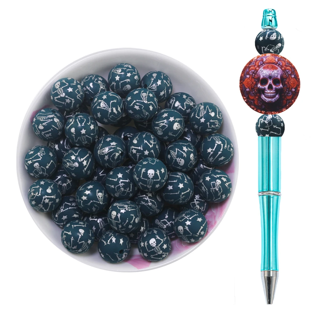 2024 New Arrival Custom Beads Printed Star Skull Halloween Silicon Round Beads For Pens Lanyard 15mm Silicone Beads For Pacifier