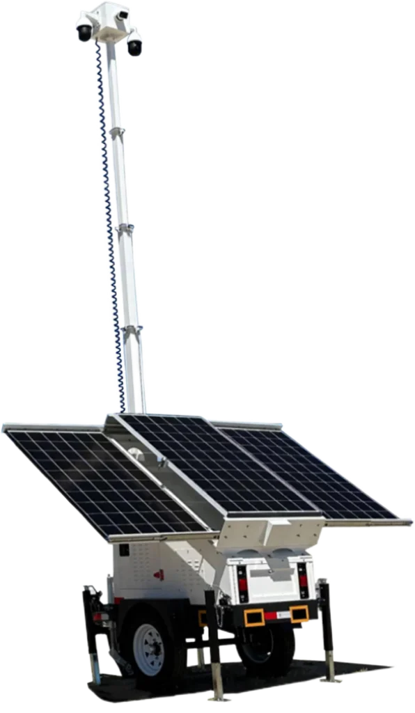 Security camera mobile solar trailer with remote intercom for concerts and music festivals