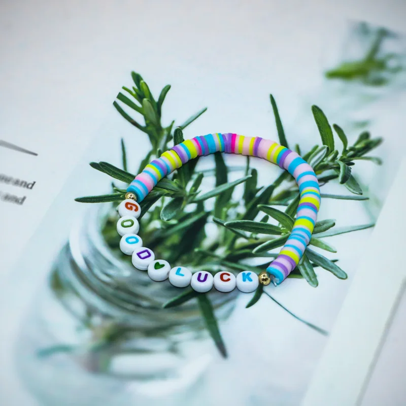 custom Boho polymer clay beads motivational Love Blessed name words stretch Initials bracelet for women