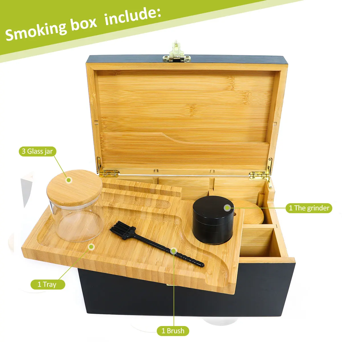 black large odor proof rectangular locking compartment walnut wooden bamboo herb money storage stash box with rolling tray lid