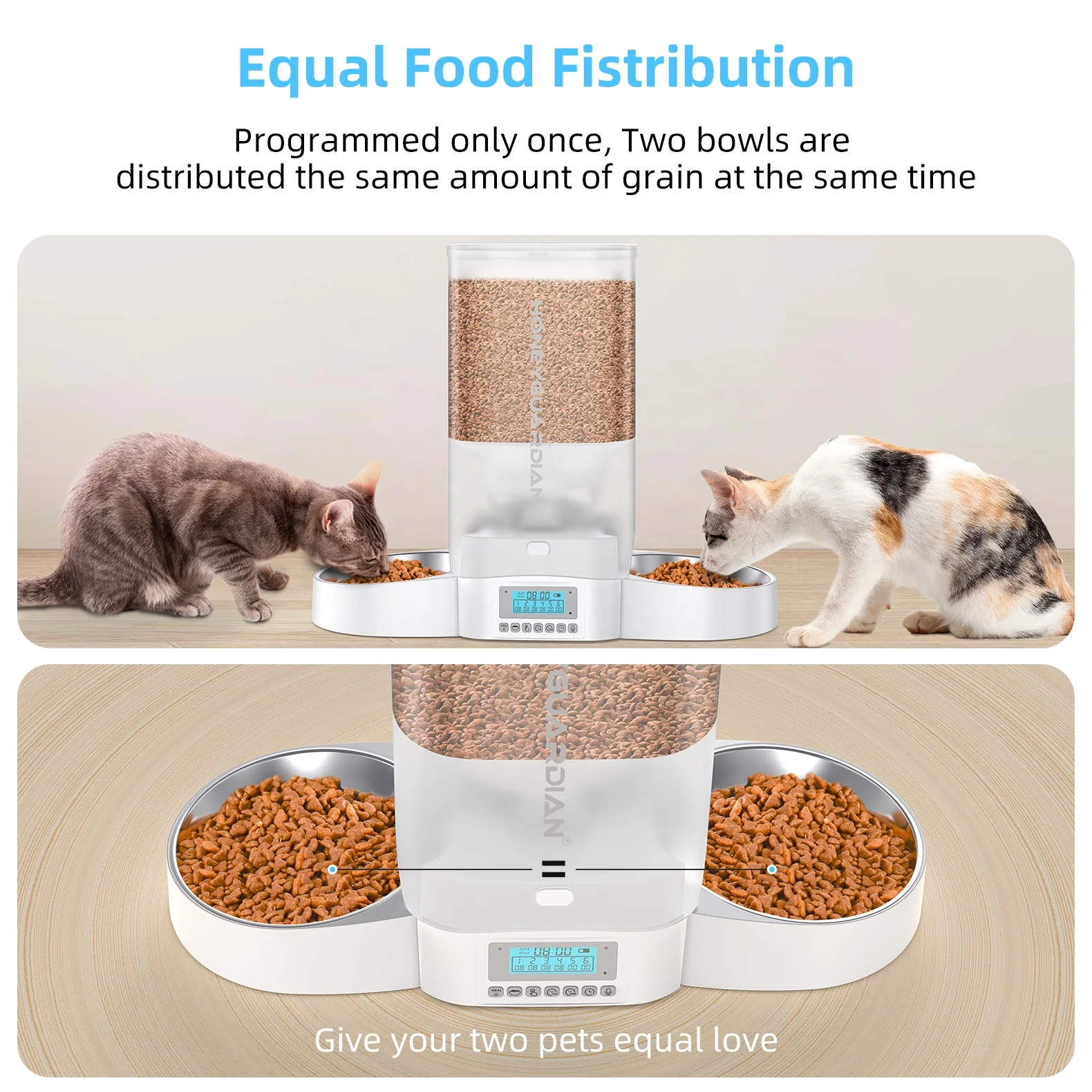 Unique Dual Side Equal Feeding Food Dispenser with Dual Power Supply for Cats Dogs Double Bowl Pet Dispenser