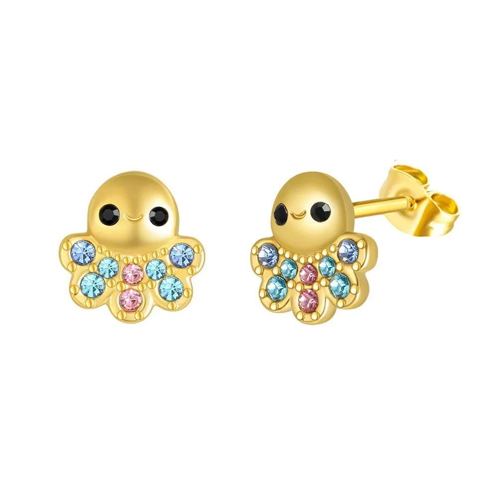 ES65-110  Halo not easy to fade gold crystal lovely animal stainless steel monster squid stud earrings