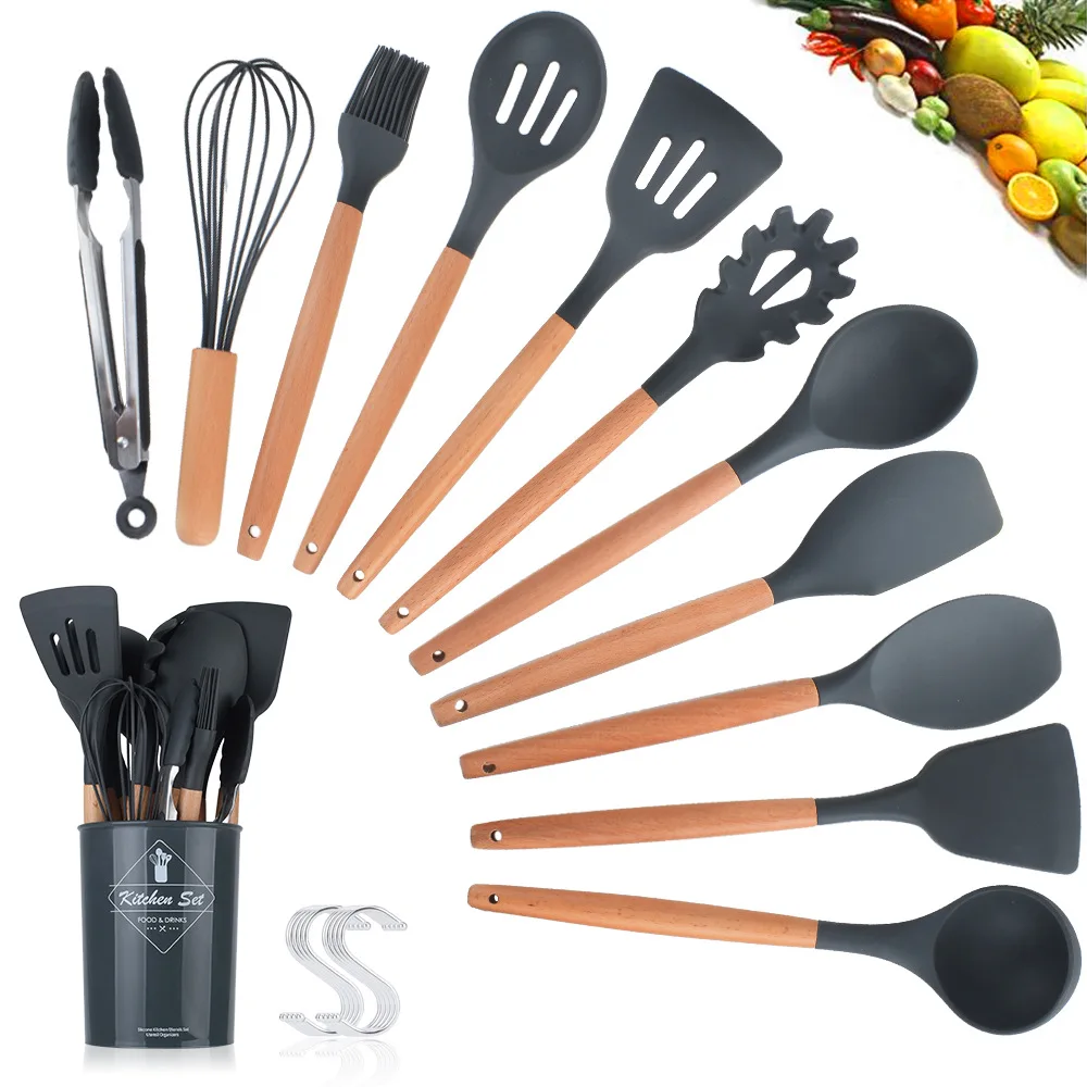 
black kitchen gadgets tools stand kitchenware spatula silicone cooking utensils set with wooden handle 