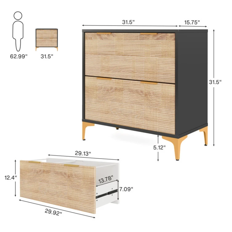 24 Years Factory Direct Modern Farmhouse 2 Drawers Ribbed Fluted Design File Cabinet in Oak and Gold Metal Leg