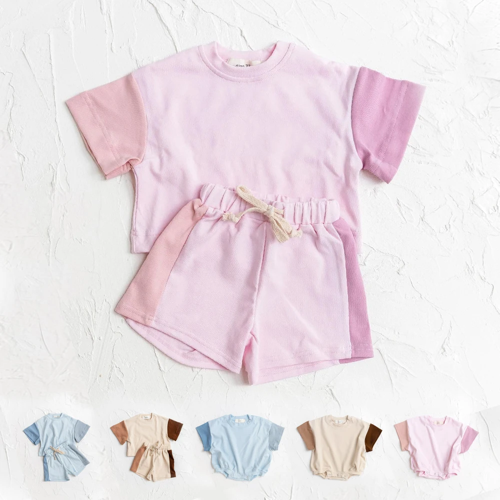 2023 Summer Toddler Girls Cotton Short Sleeve Top+Shorts Set Baby Boys Shortsleeve Tee Outfits Sets Kids Stitching Color Clothes