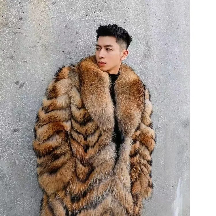 Wholesale Luxury Men Long Sleeve Mid-length Real Raccoon fur Coat Leather Winter Mens Fur Coat