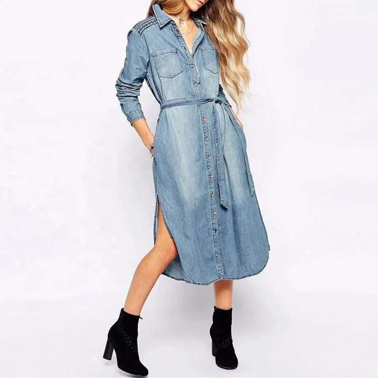 Fashion design casual mandarin collar empire knee-length women denim dresses jeans