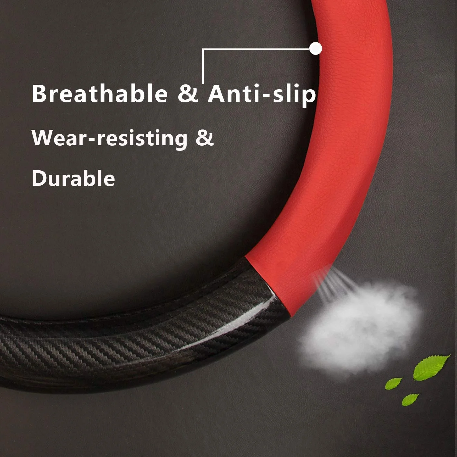Steering Wheel Cover Carbon Fiber/Leather Car Steering Wheel Cover Breathable Anti-Slip Odorless Universal Fit 15 Inch