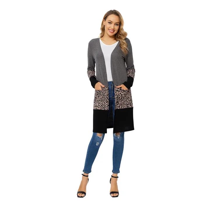 Womens Casual Open Front Draped Snap Knitted Maxi Duster Long Sleeve Leopard Print Plus Size Cardigan