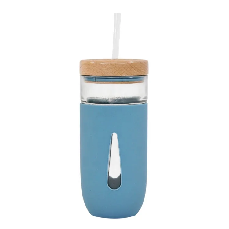 
New Design Bottle Silicone Sleeves Glass travel Mug With Wood Lid And Straw wholesale 