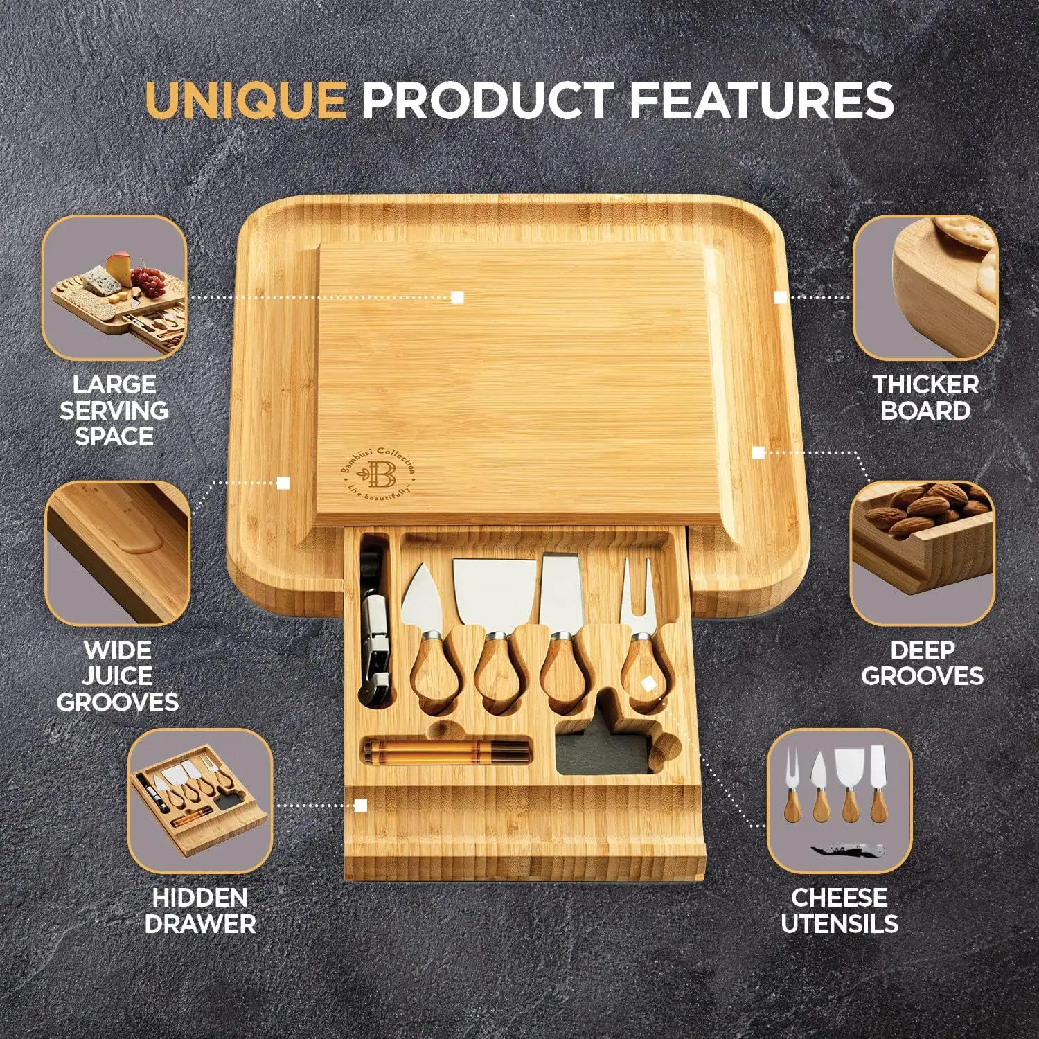 Large Charcuterie Boards Gift Set Bamboo Cheese Board Set Unique Christmas Gifts for Women House Warming Gifts New Home