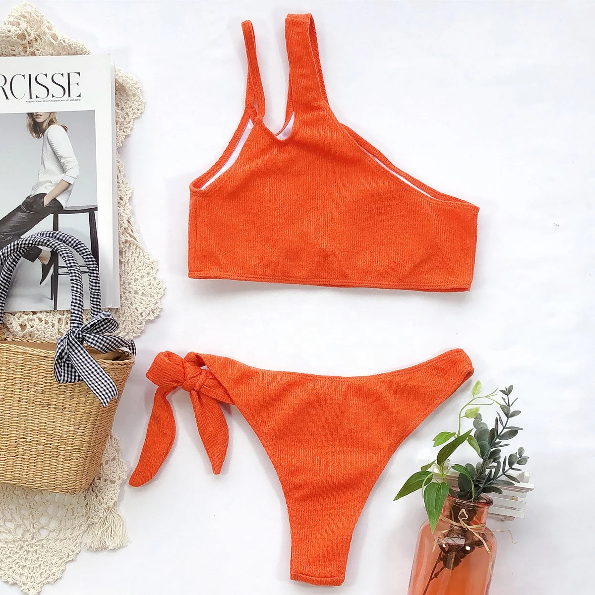 
bathing suit bikini 2020 mujer swimsuit female Orange swimwear girls extreme bathers knit swimsuit one shoulder bikini for women 