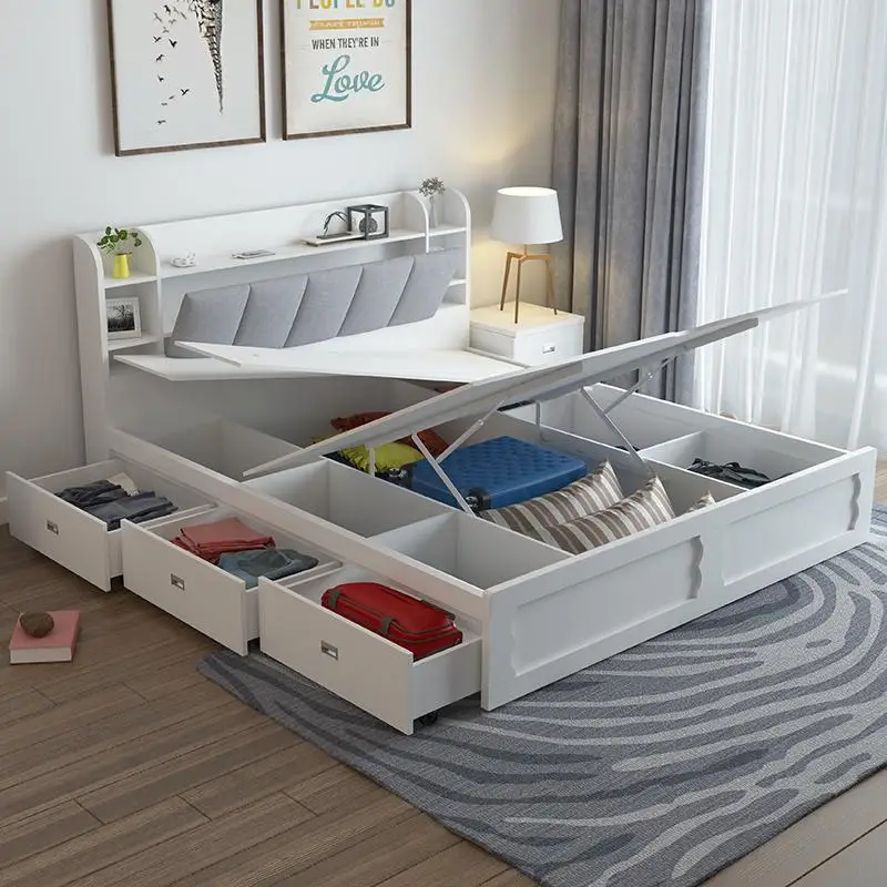 Multifunctional Double Bed Solid Wood Bed for Home Bedroom