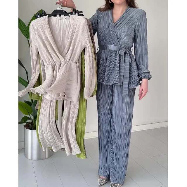 Belt Flare Sleeve Pleated Top Pants Women Suit Elegant Solid O-neck A-line Blouse Female 2 Piece Sets 2024 Wide Leg Pant Outfit