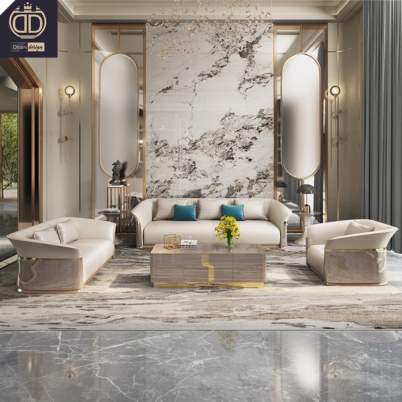 best price latest design white modern living room sofa couch veneer wood genuine leather Italian couches