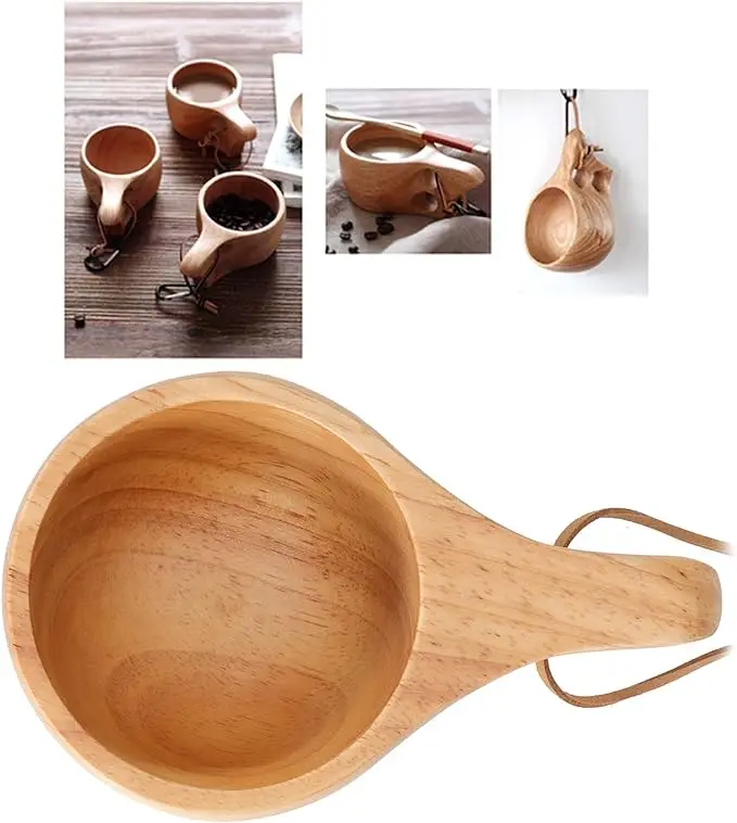 Wooden Camping Mug Wood Camp Mug with Leather Lanyard Nordic Style Wood Mug Drinking Cup Portable Hiking Tableware