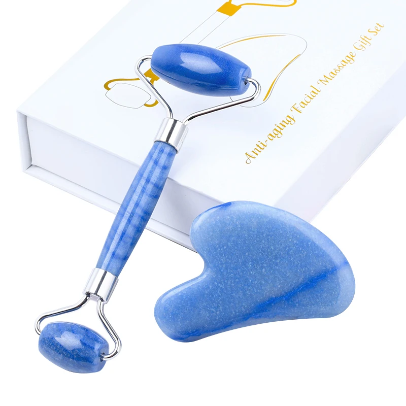 Prive Label Custom Jade  Roller Set Supplier Blue Aventurine Facial Jade Roller Gua Sha Stone Set Guasha Box for Face Slim