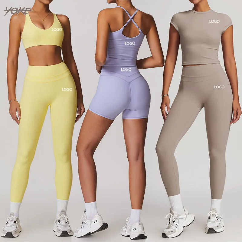 Yoke Hot Sale 5 Pieces Bra Shorts Legging Vest Gym Set Fitness Gym Sport Wear Plus Size High Waist Yoga Set For Women