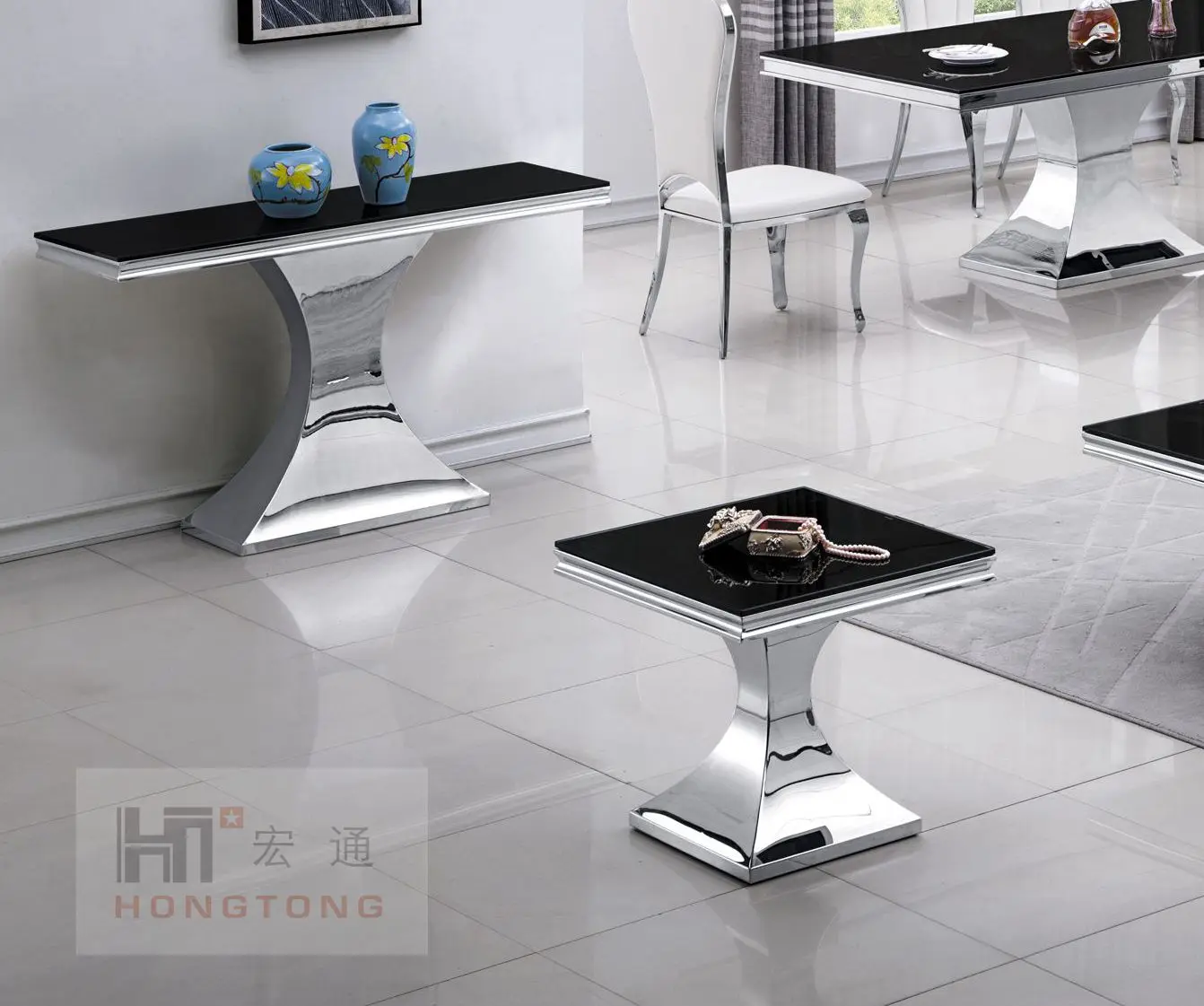 
 Оптовая продажа, Современный итальянский стол из черного закаленного стекла, набор мебели для семейного отеля  