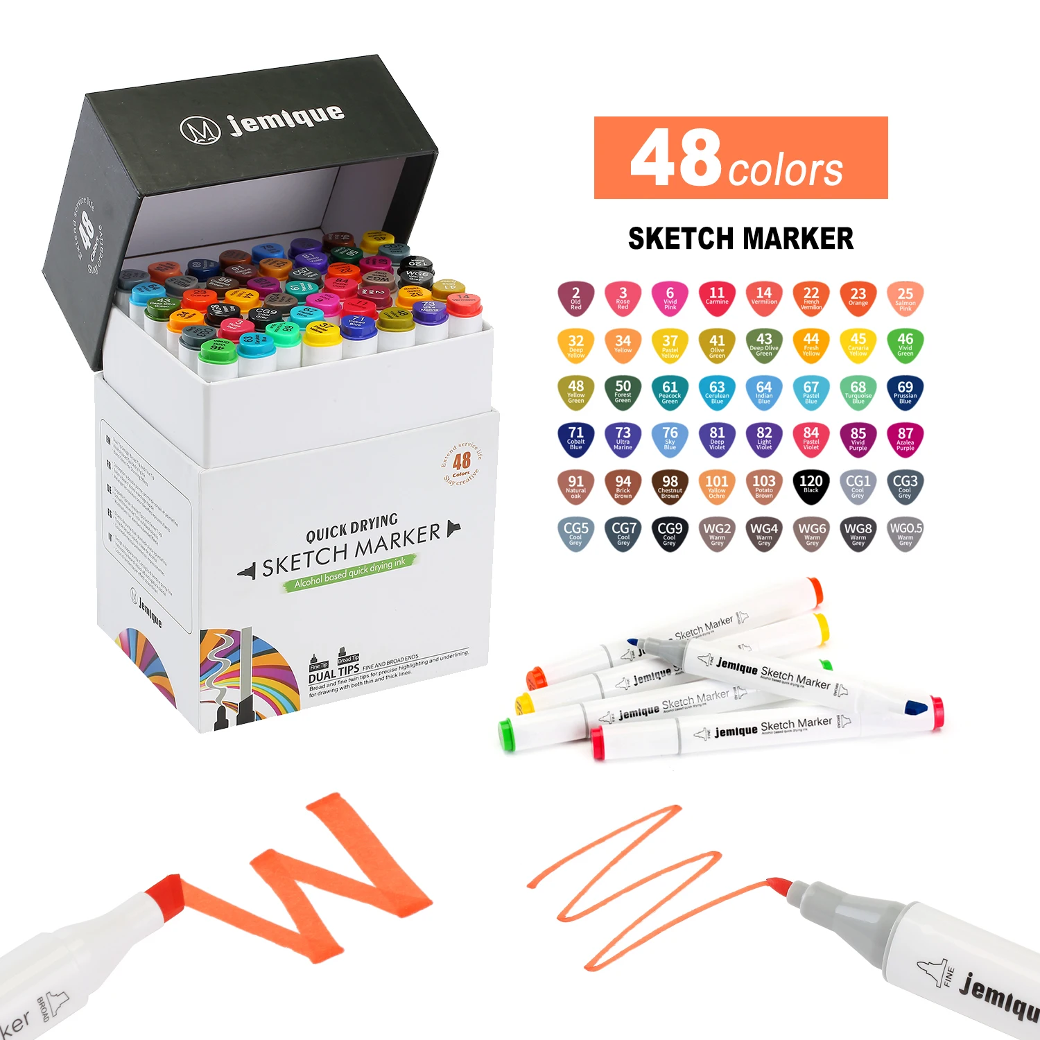 BV Verified 48 Colours Alcohol Brush Markers Pens Set Dual Tip Graphic Illustration Art Sketch Markers