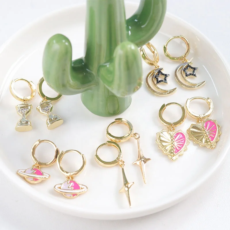 Fashion Star Moon Heart Cross Stud Earrings For Women Universe Pink Planet Enamel  Hoop Earrings