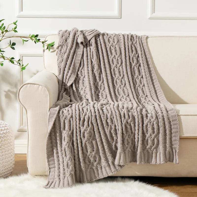 Light Grey Throw Blanket Woven Chenille Knit Throw Blanket Versatile Super Soft Warm Decorative Blanket for couch , Sofa