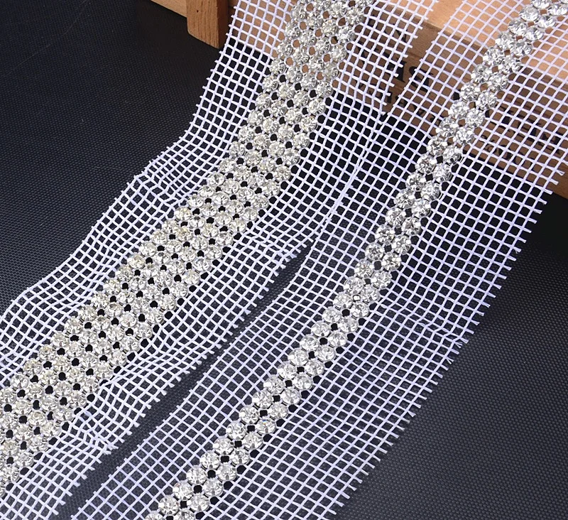 Crystal Diamond Mesh White Fabric Silver Metal Base Rhinestone Sewing Lace Trim for Bags Shoes Clothing Decoration