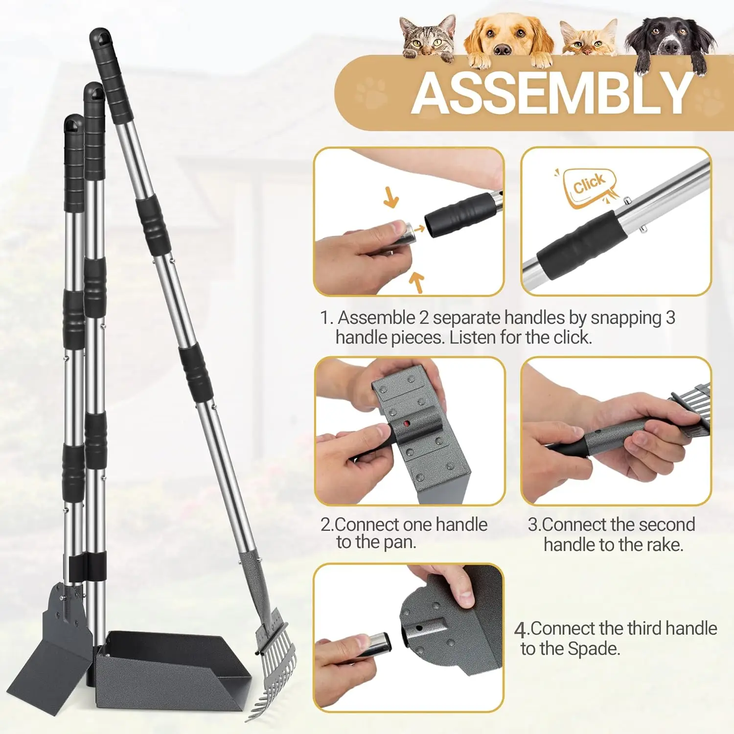 Stainless Steel Long Handle Adjustable Sectional Pet Waste Removal Scoop Dog Pooper Scooper Dog Poop Tray and Rake Set