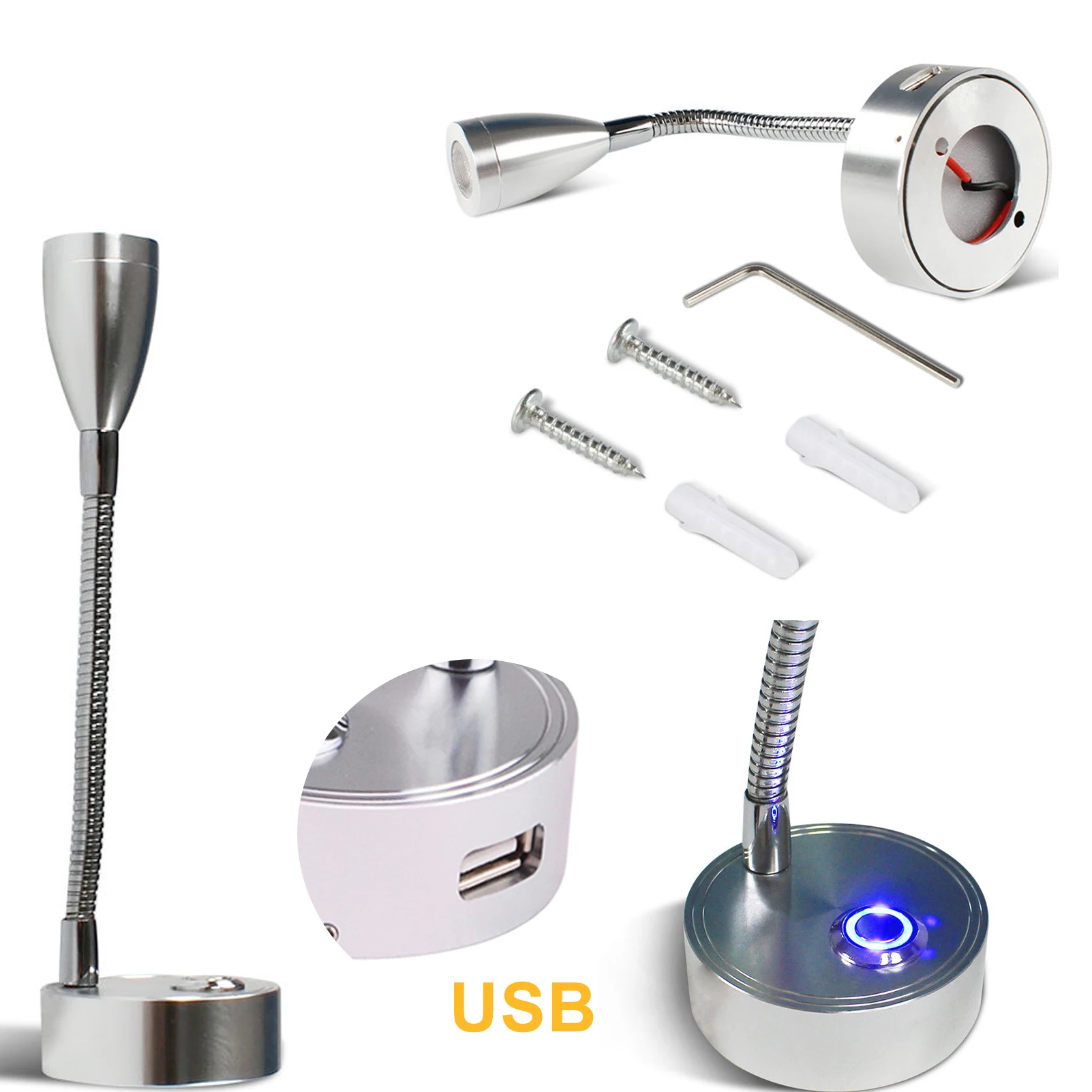 12V USB Touch Switch Small Spotlight 3W LED RV Reading Light Hose Spotlight Yacht LED Light Caravan Energy Saving Light