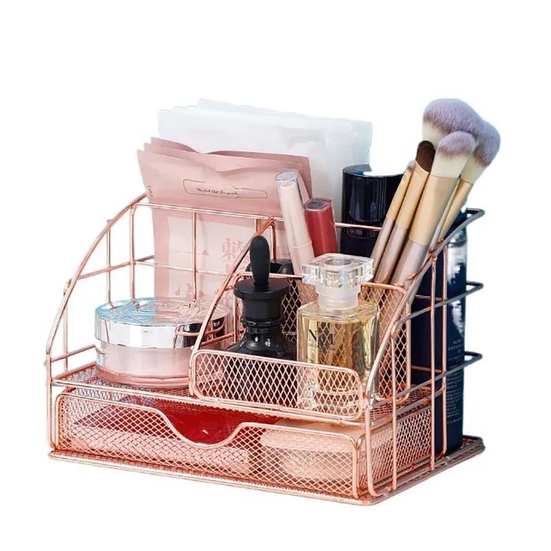 New Rose Gold Metal Desk Drawer Organizer Pen holder Mesh Desk Set for Stationery Cosmetics Organization storage Office supplies