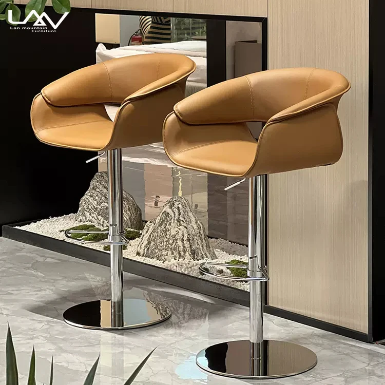 Modern luxury hotel bistro restaurant brown bar chair living room metal frame leather leisure high chair with lift and rotation