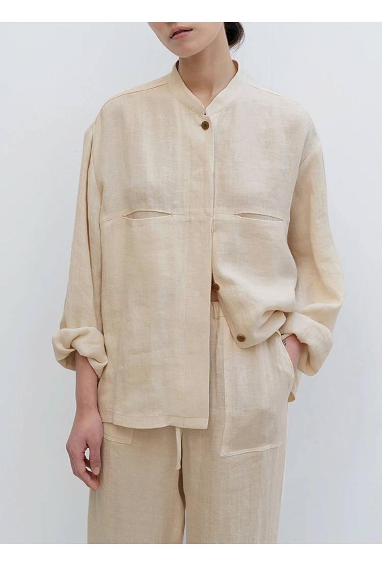 Women Shirt 100% Linen Fabric Solid Natural Eco-Friendly Material Long Sleeve Girls Shirt Casual Clothing Linen Fabric