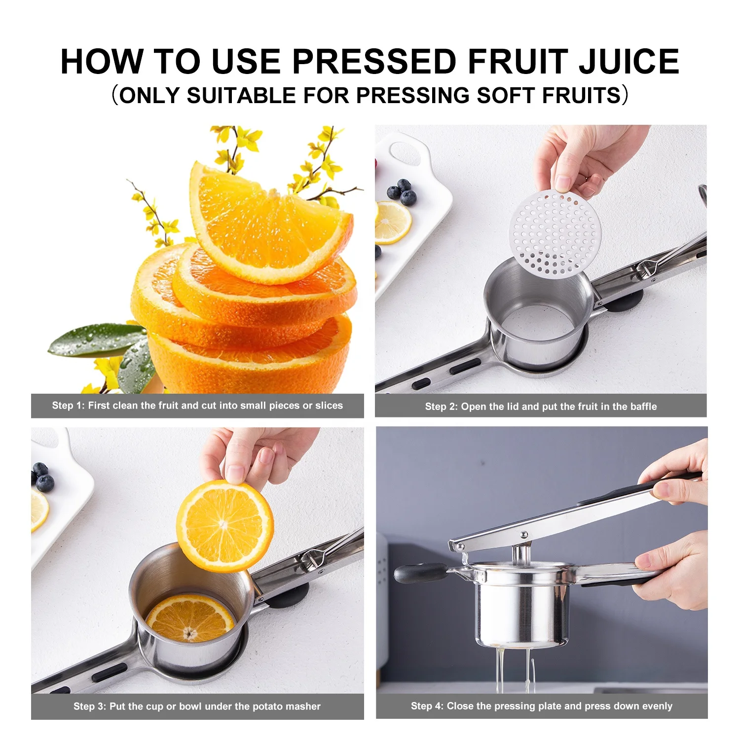 
Amazon Hot-sale Stainless Steel Lemon Juicer Squeezer Potato Masher Potato Ricer Press 