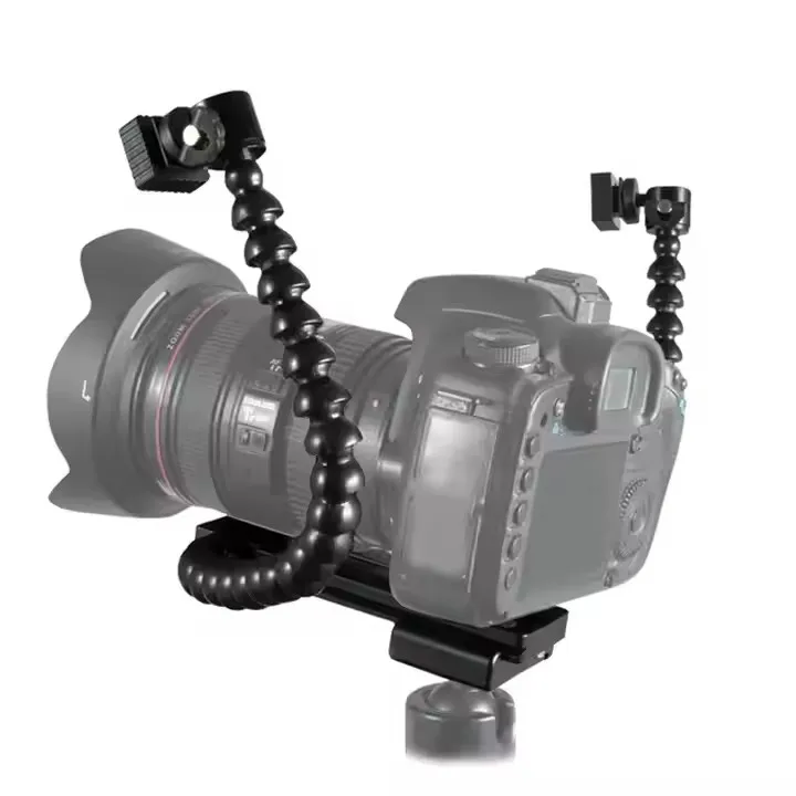 Flexible Adjustable Dual Arm Camera Flash Bracket Holder With Two Hot Shoe Mounts For Speedlite Flash Light