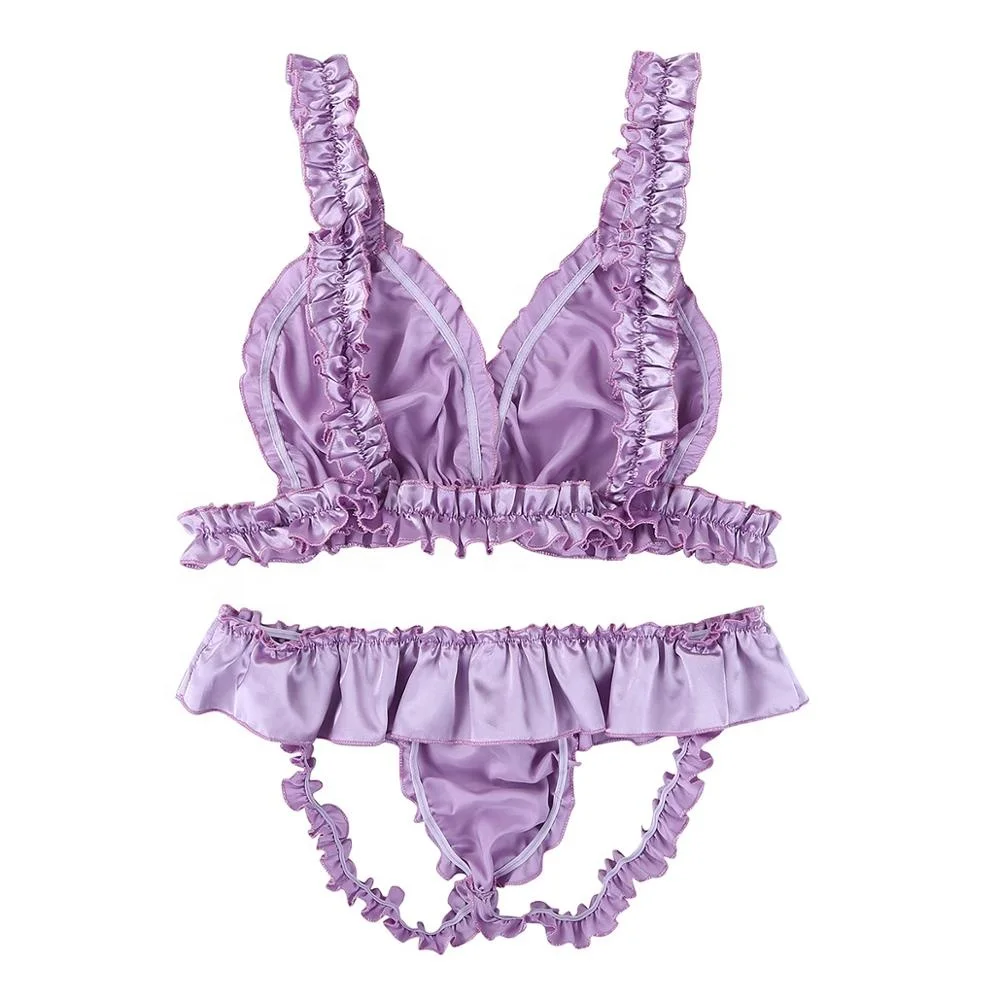
Mens Sissy Soft Satin Sexy Lingeries Set Bikini Bra Top Open Back Briefs Underwear Elastic Frilly Ruffled Lingerie 