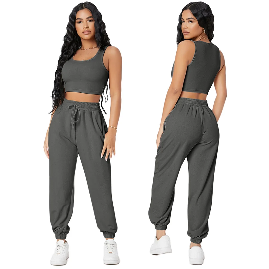 Casual Solid Color Sleeveless Sets Custom Yoga Womens Clothing Camisole 2 Piece Fashion Joggers Pants Sports Suit Two Piece Sets