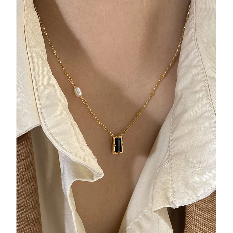 Rectangle Black Cubic Zircon Natural Freshwater Pearl Necklace Beads Chain Pendant Necklaces Women INS French Vintage Jewelry