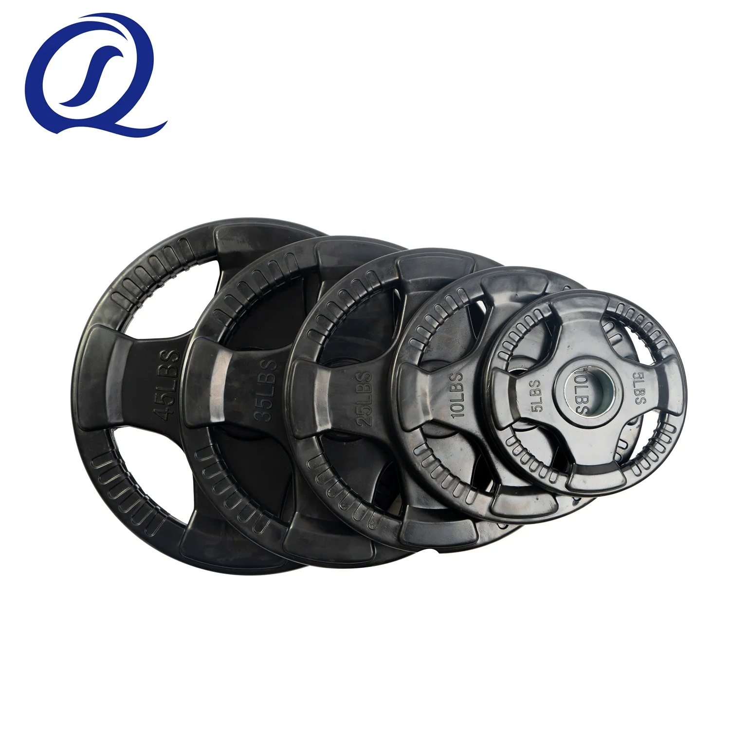 Free Weight Strength Training Four Handles Four Holes Black Rubber Coated Cast Iron Weight Plates Discs