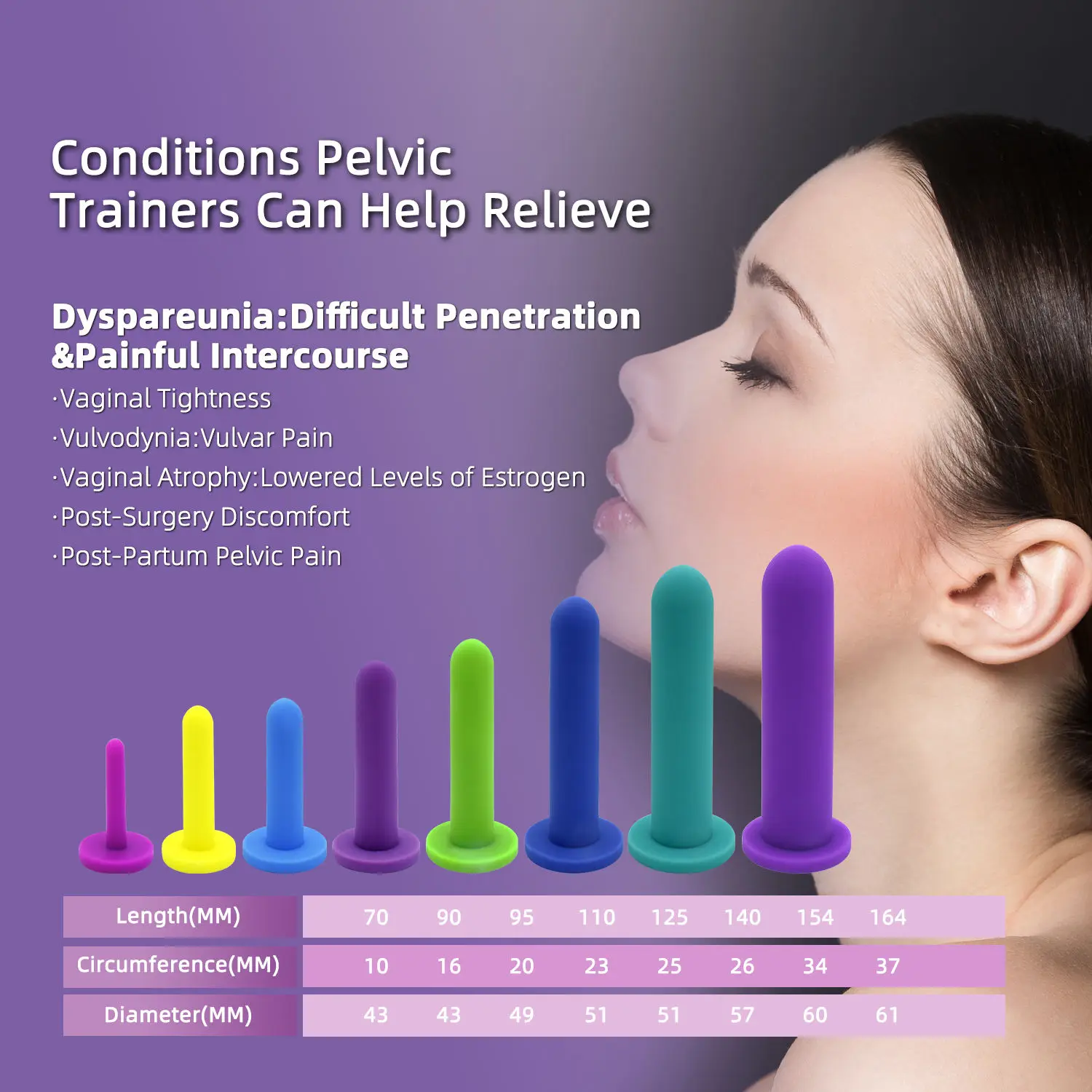 Professional Pelvic Floor Muscle Exerciser Silicone Dilators for Women & Men Medical Device for Pelvic Pain Relief in Sizes 1-8
