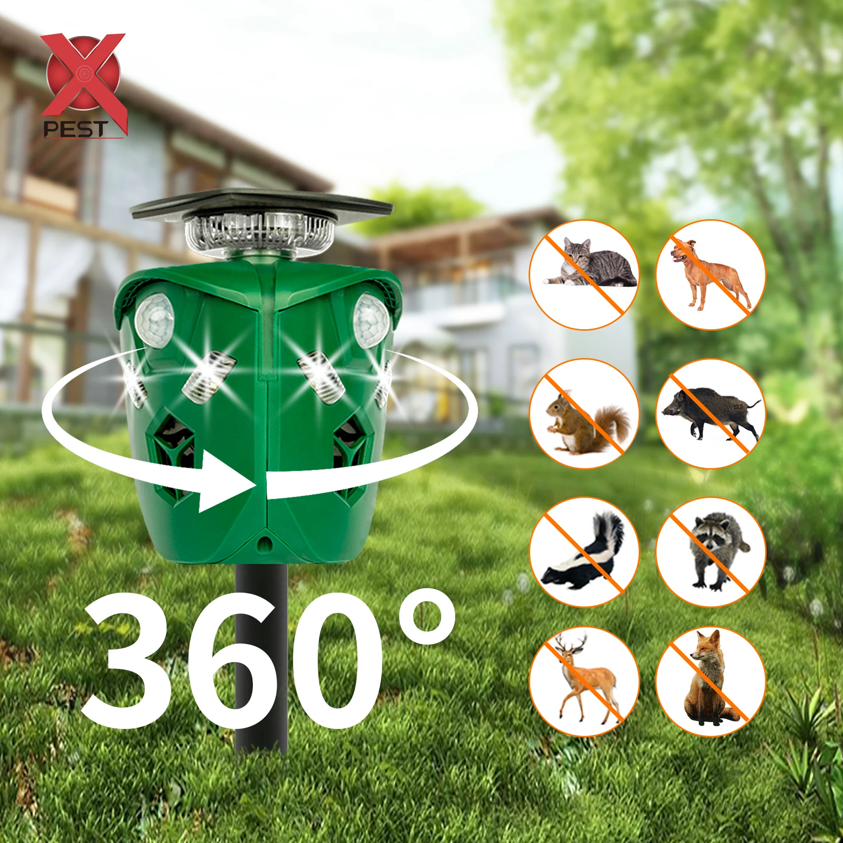 X-Pest AR16 360 Outdoor Deterrent Flashing LED Light and Alarm Sound  Ultrasonic Deer/Cat/Monkey/Wild Pig/Bird Repeller