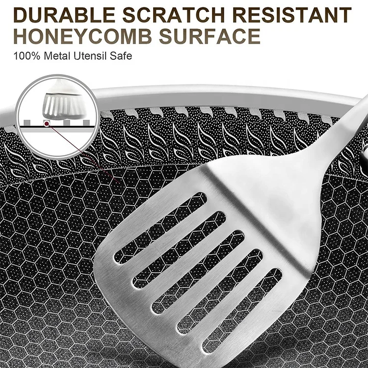 Top Fashion Quick Release Tri-ply Stainless Steel cooking Wok with lid honeycomb non-stick frying pan with induction cookware
