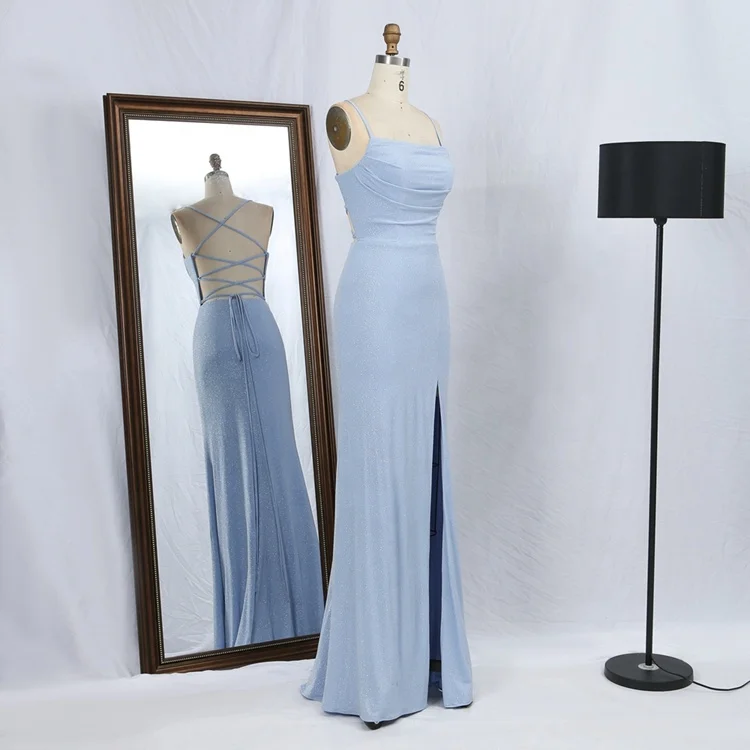 Light Blue hand pleated sleeveless lace up back side slit shiny stretch satin prom dresses