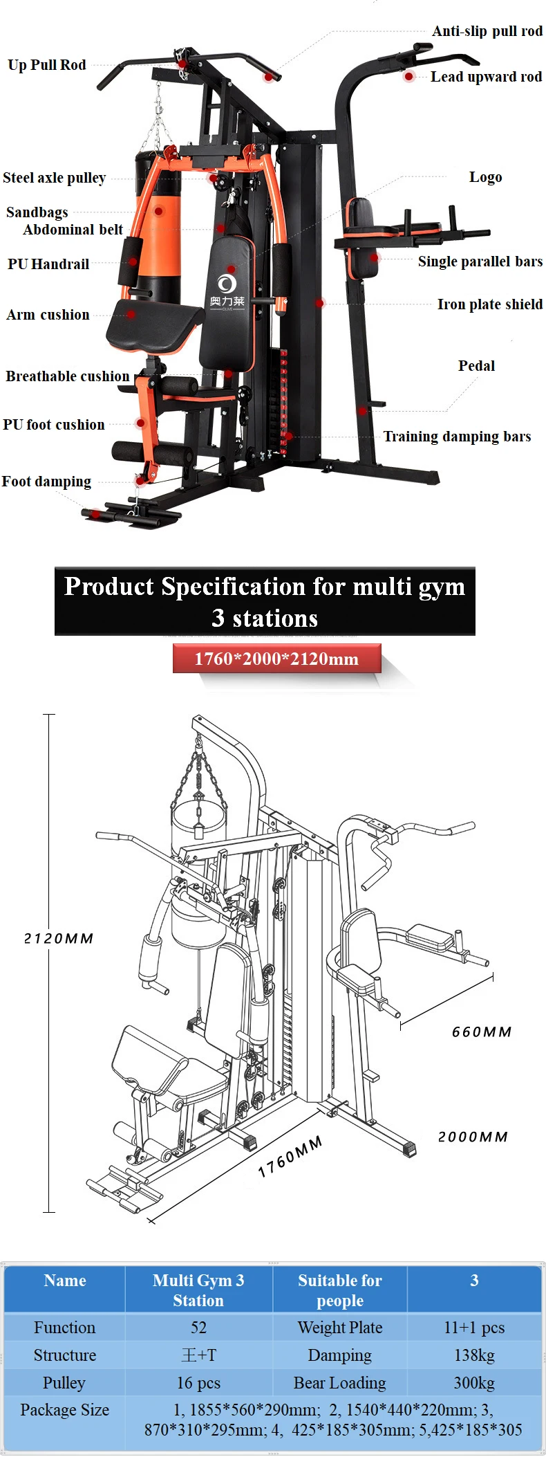 
Hot Sale Full Body Building Equipment 3 Station Home Gym Multi Functional Home Gym Machine for Fitness 