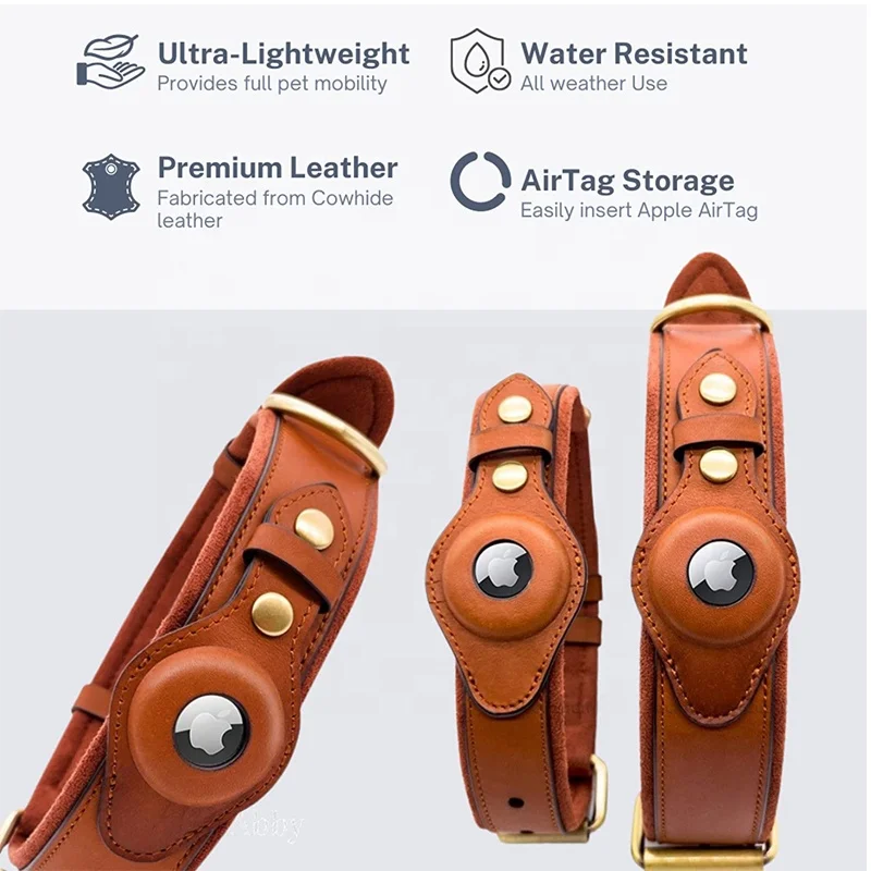 Hot Selling Wholesale Adjustable Pet Accessories Genuine Leather Vintage GPS Tracker Airtag Dog Collar