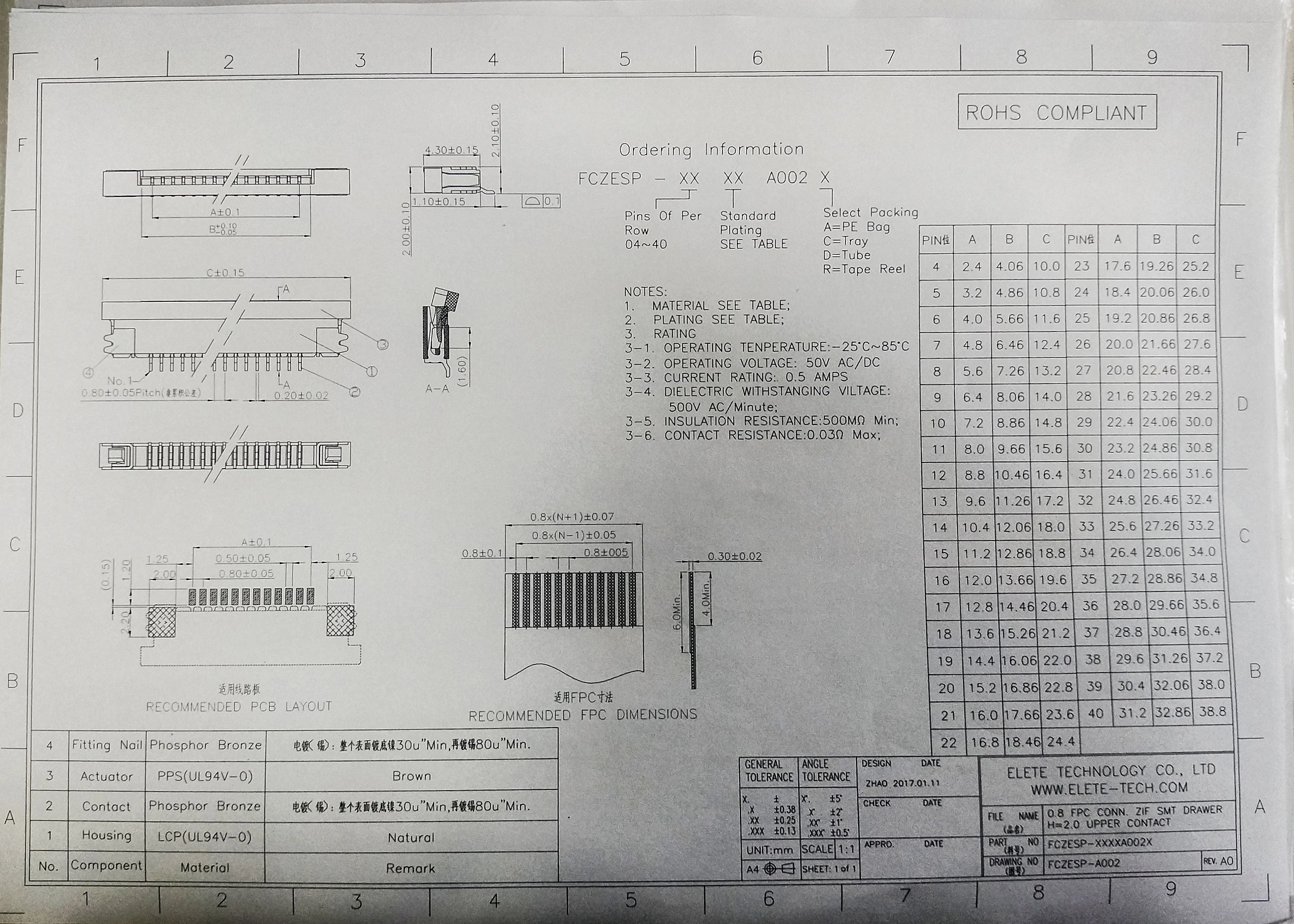 0.8mm FPC SMT connector with 4-60Pin