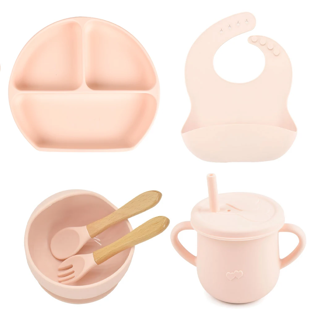 New Feeding Supplies 6PCS Stock Baby Silicone Feeding Set Baby Suction Plate, Bowl, Bib, Sippy Cup Set