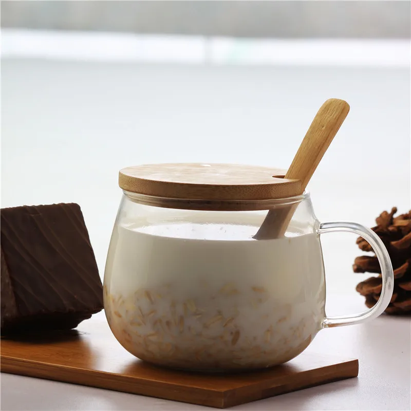 12 oz High Borosilicate Coffee Glass Drink Tea Milk Bottle Cup Mug With Bamboo Wood Lid And Wood Spoon