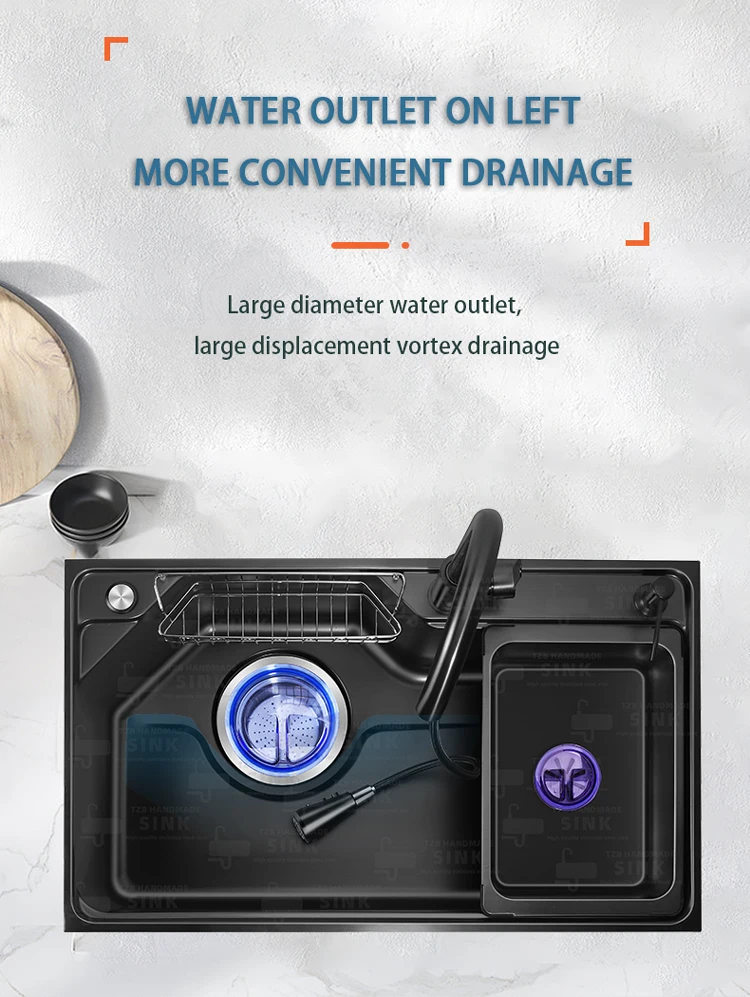 Apartment Nano Stainless Steel Handmade Sinks Dish Drainer Rack Basket Big Holes Drainage Smart Modern Kitchen Sink