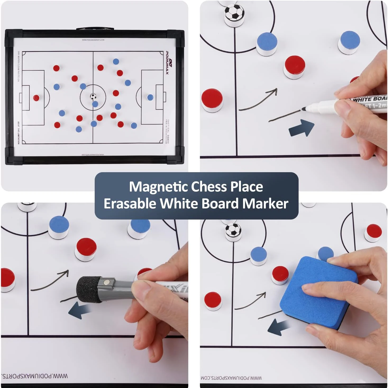 Magnetic Dual-Sided Soccer Dry Erase Coach Board Kit with Pen Marker Pieces and Stand - Tactic & Strategy Board