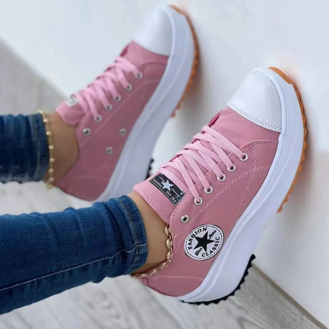 Free Shipping Custom High Quality Lace Up Wedge Platform Canvas Sneaker For Women